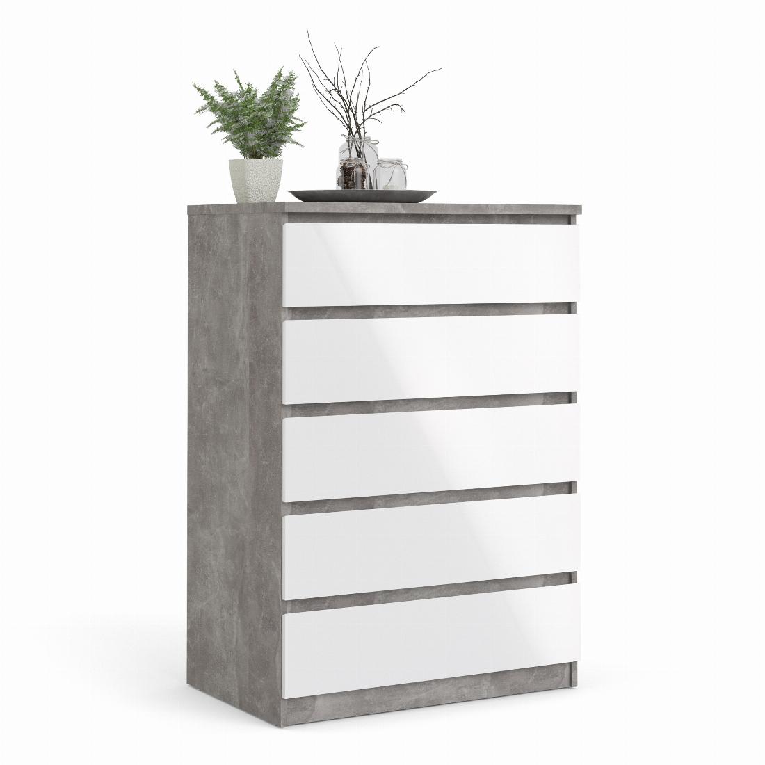 Naia Chest of 5 Drawers in Concrete and White High Gloss