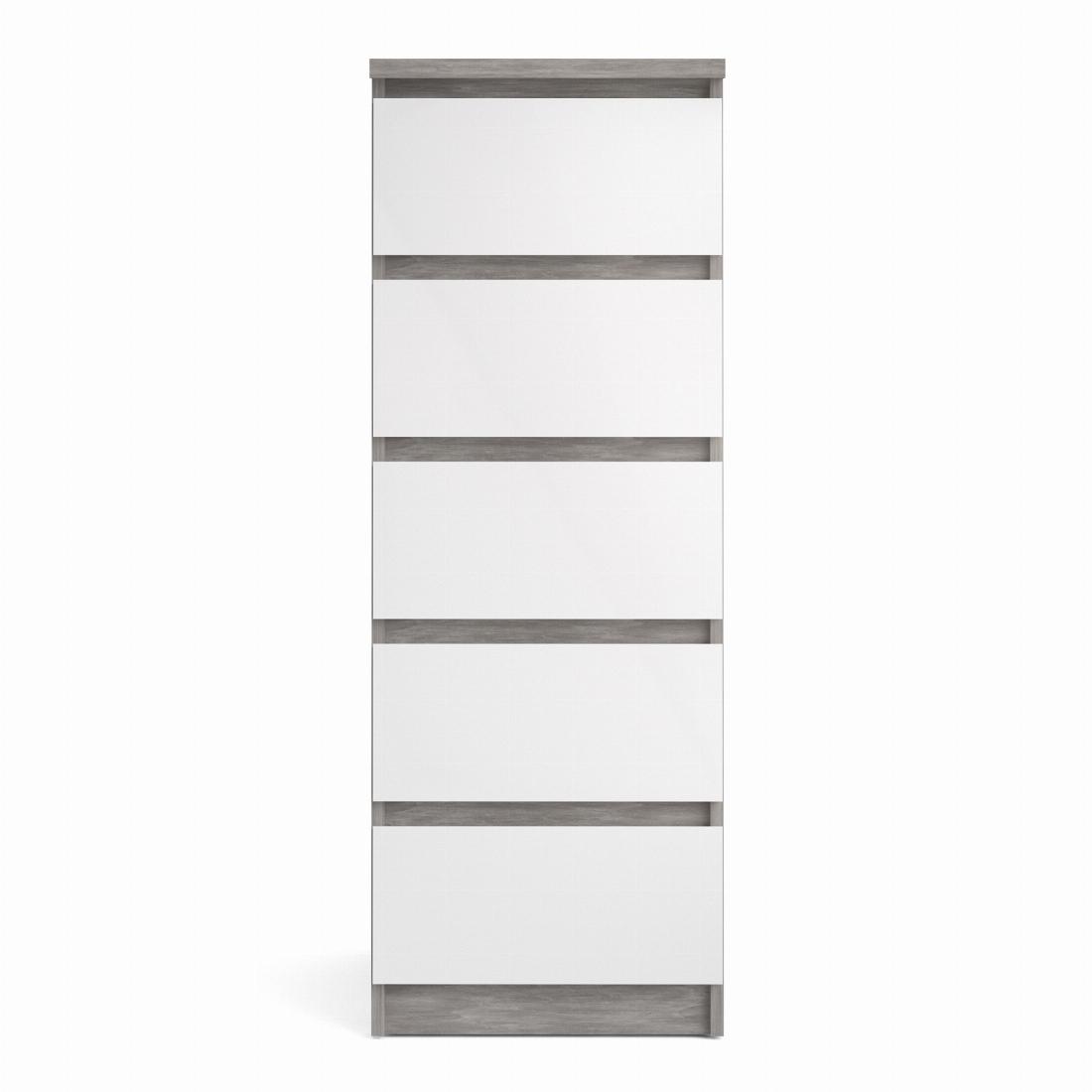 Naia Narrow Chest of 5 Drawers in Concrete and White High Gloss