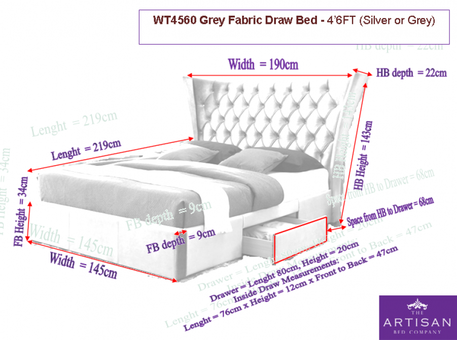 The Artisan Bed Company Rosewillow Light Grey Fabric 2 Drawer Bed