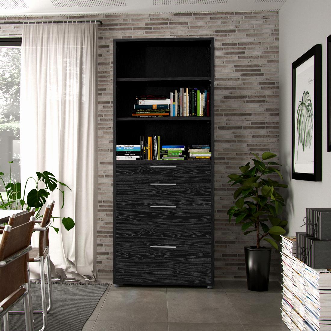 Prima Bookcase 2 Shelves With 2 Drawers + 2 File Drawers In Black Woodgrain