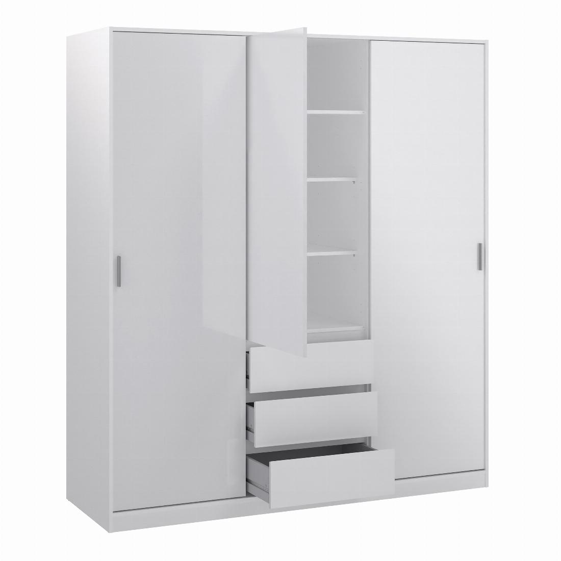 Naia Wardrobe with 2 sliding doors + 1 door + 3 drawers in White High Gloss