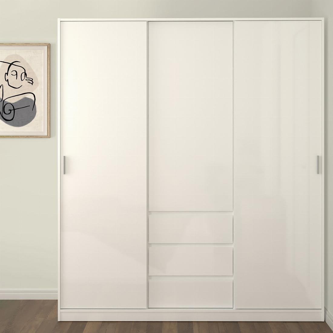 Naia Wardrobe with 2 sliding doors + 1 door + 3 drawers in White High Gloss