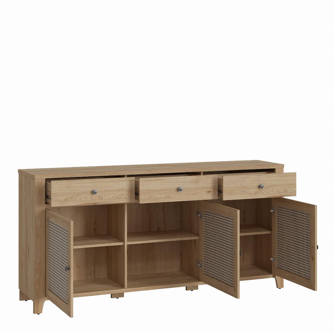 Cestino 3 Door 3 Drawer Sideboard in Jackson Hickory Oak and Rattan Effects