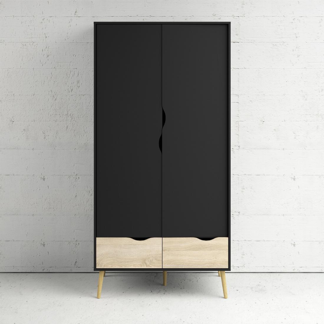 Oslo Wardrobe - 2 Doors 2 Drawers in Black and Oak