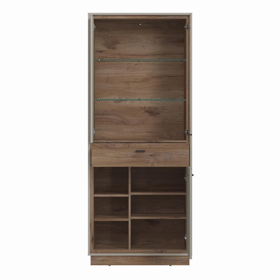 Rivero 3 Door 1 Drawer Open Shelves Wide Display Cabinet in Grey and Oak