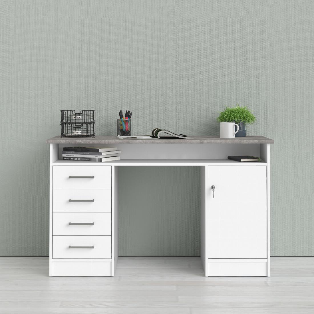 Function Plus Desk 4 Drawer 1 Door in White and Grey