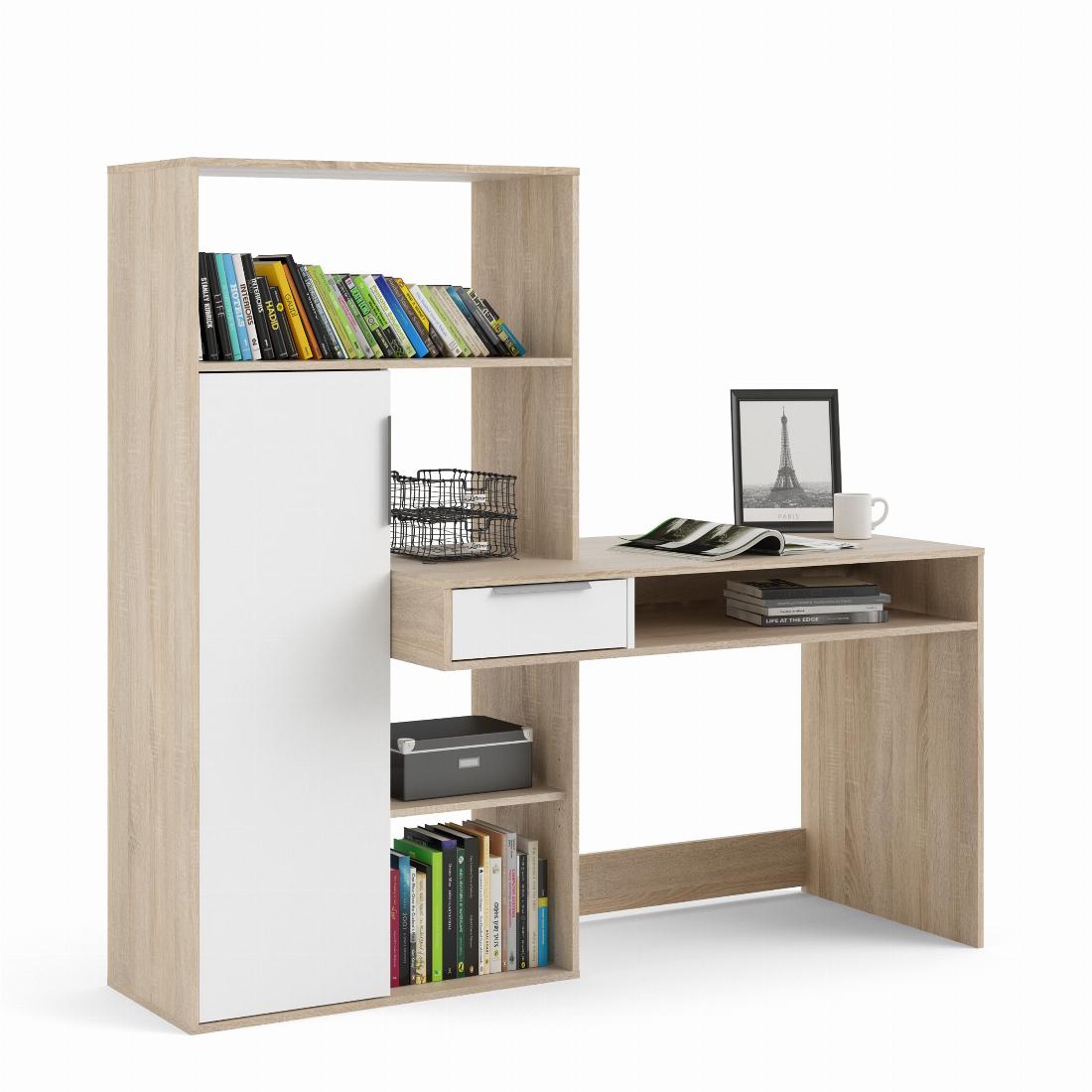 Function Plus Desk multi-functional Desk with Drawer and 1 Door in White and Oak