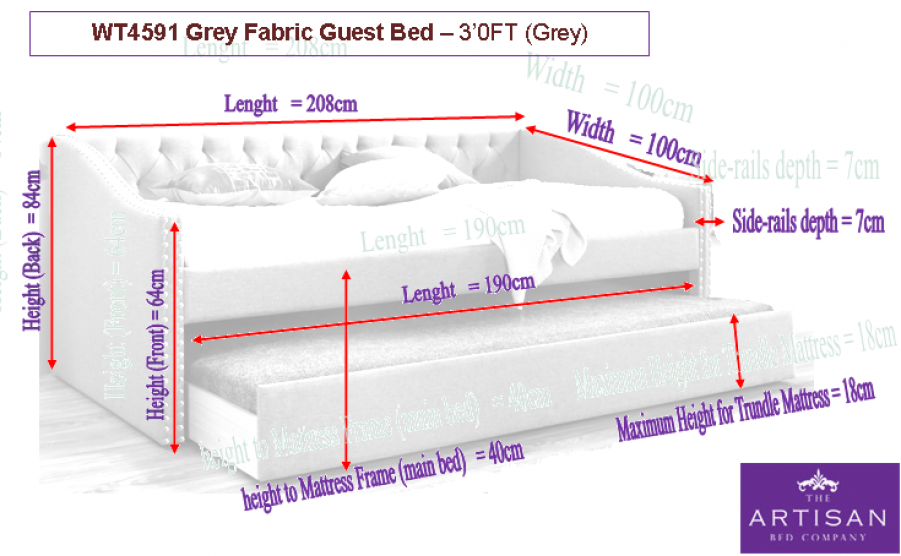 The Artisan Bed Company Selina Grey Fabric Guest Bed With Pullout Trundle