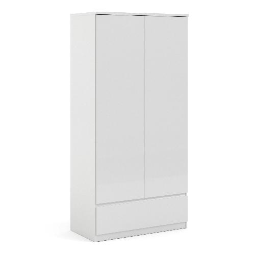 Naia Wardrobe with 2 doors + 1 drawer in White High Gloss