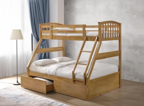 The Artisan Bed Company Anchorage Oak Finish Three Sleeper Bunk Bed with Two Pullout Drawers