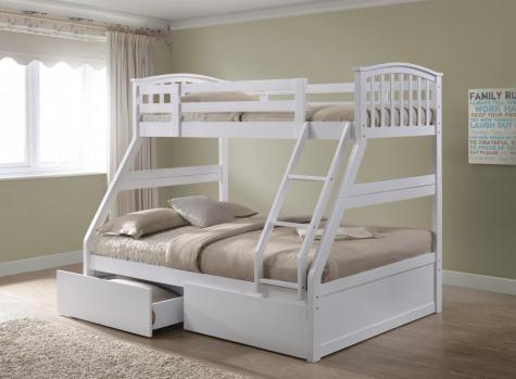 The Artisan Bed Company Anchorage White Finish Three Sleeper Bunk Bed with Two Pullout Drawers